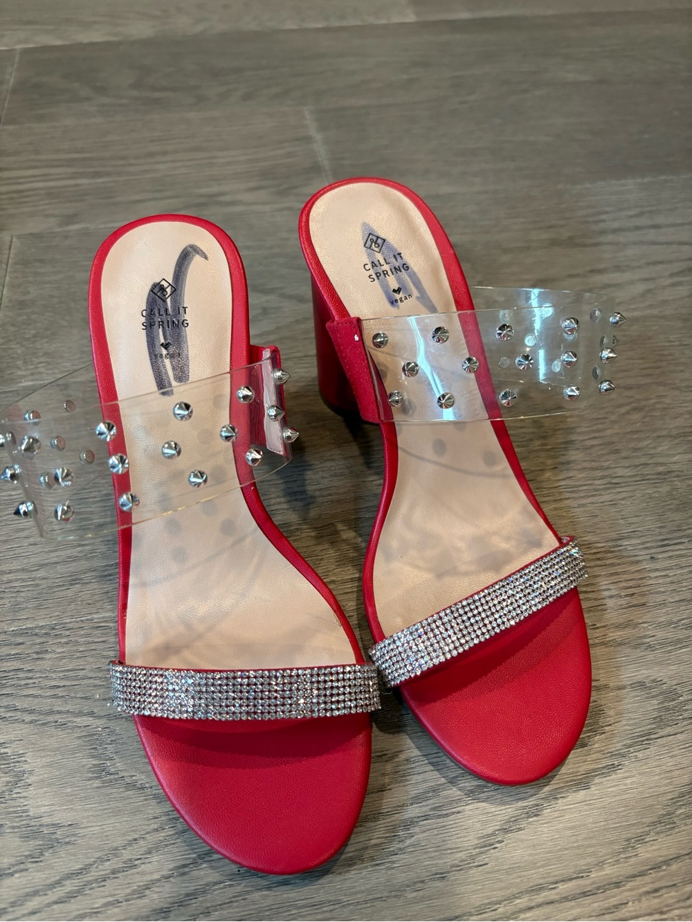 Call It Spring Red Rhinestone Block Heel Mules with Clear Studded Strap